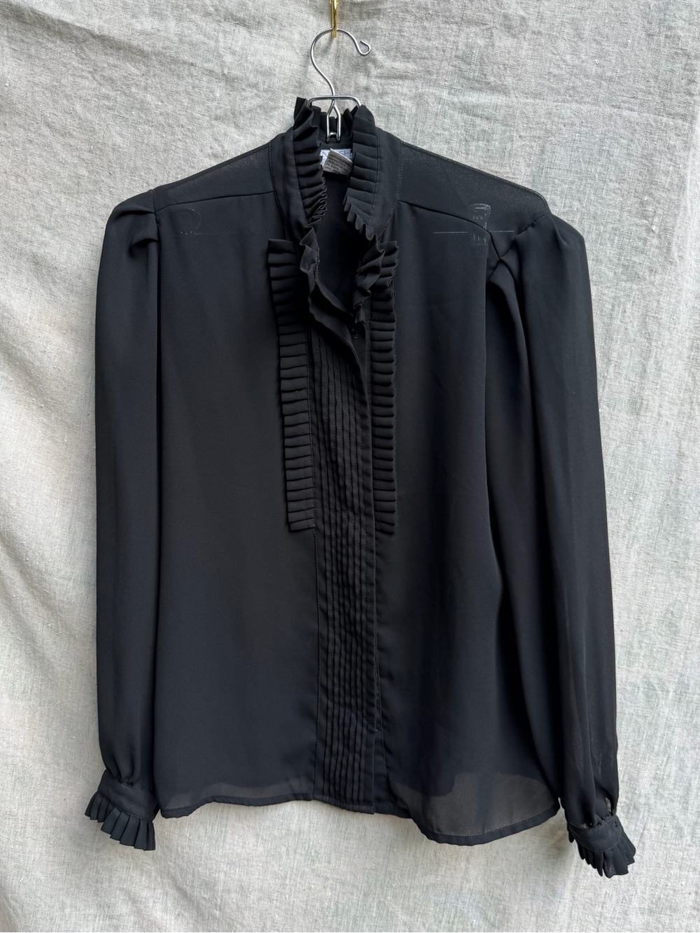 Vintage Black Ruffled Tie-Neck Blouse